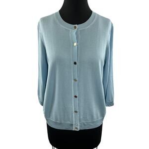 ST. JOHN Blue Cardigan Sweater Wool Button Front Ribbed Crew Neck Knit Sz Medium